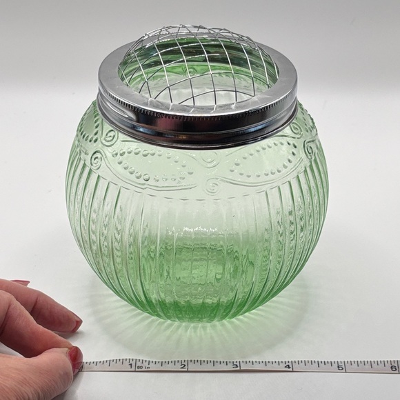 ASP Vintage Green Glass Flashing Pressed Glass Bowl with Dome Wire Frog MCM - Picture 8 of 8